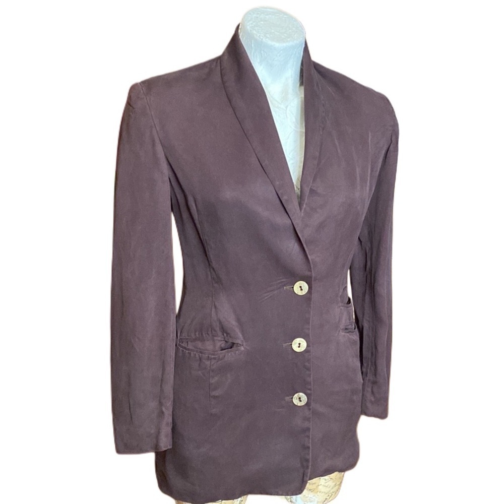 Ozbek Italy chocolate Brown 100% brushed silk blazer Jacket etched buttons sz 4
